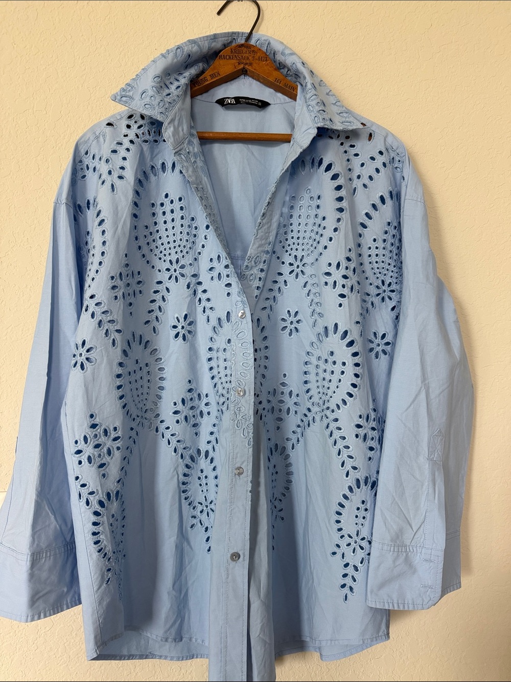Zara Pale Blue Eyelet Button-Up Blouse